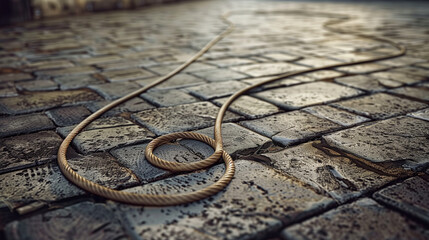 Coiled rope on cobblestone pavement with detailed textures and shadows