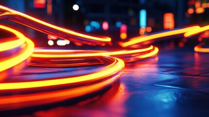 Glowing bright orange and yellow neon tubes on a wet surface