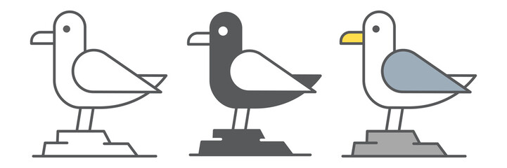 Seagull icon collection, sea and herring gull, seagull vector icon set, vector graphics, editable stroke outline sign, eps 10