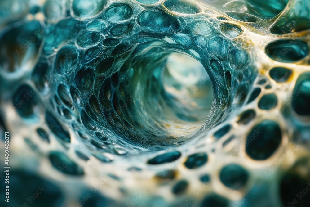 Poster abstract image of a swirling, textured, teal and gold organic form resembling a tunnel or passageway