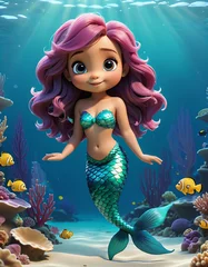 Stunning Graphic Adorable chibi mermaid bear in minimalist style, underwater world background.