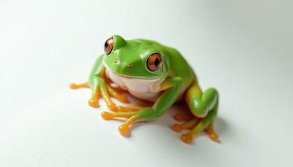Obraz premium Green tree frog perched on white, vibrant skin, detail, eyes, fauna
