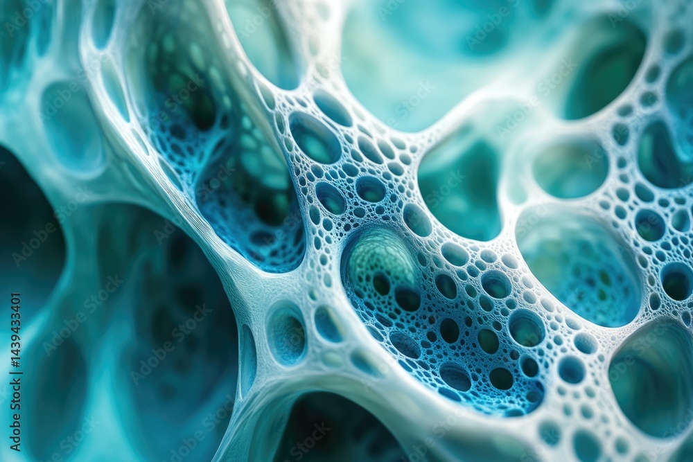 Leinwandbilder Abstract image depicting a complex, porous, interconnected structure resembling a network of bubbles or cells in teal and white.