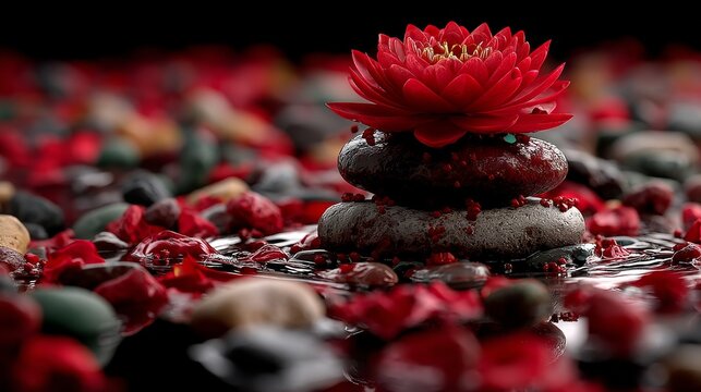 Red lotus symbolizing the root chakra on smooth stones surrounded by petals