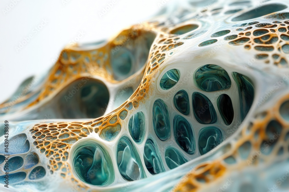 Poster Abstract 3D render of a biomorphic structure with interconnected cavities and intricate, organic textures in teal and gold.