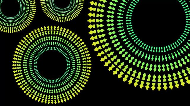 Green and yellow concentric circles on black background. Suitable for abstract backgrounds, design projects, psychedelic art, and vibrant visual concepts.