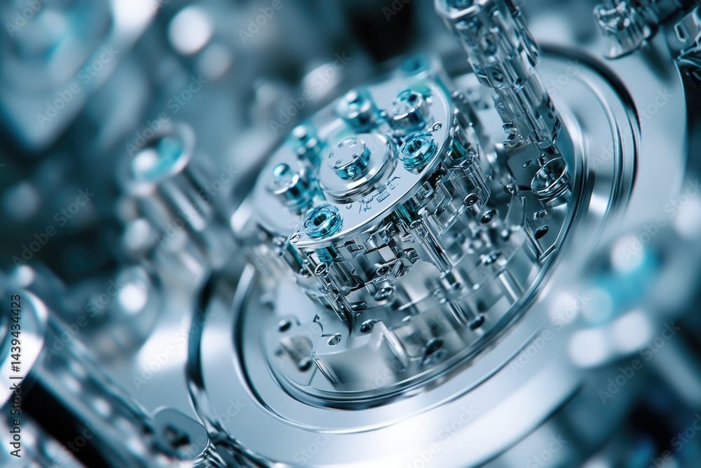 Poster Close-up of intricate metallic machinery, showcasing precision engineering and complex internal components.