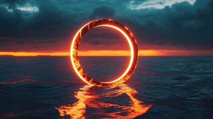 A glowing fiery ring floats serenely above the ocean waters