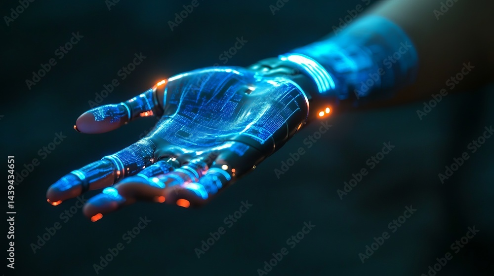 Poster futuristic robotic hand with glowing blue digital circuitry design 3d data modern future system