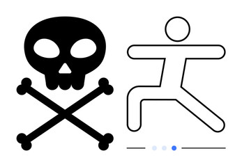 Skull and crossbones symbol next to a stick figure in a yoga pose. Ideal for health, danger, wellness, contrast, balance, fitness, personal growth, decision-making awareness simple landing page