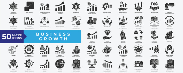 Business Growth icon set with market expansion, scalability, strategy, business development, improvement, collaboration, productivity, change management, growth and product development