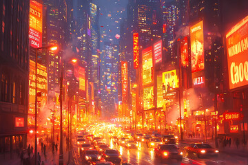 Naklejka premium Vibrant, stylized cityscape at night, awash in warm, orange hues. Rainslicked streets reflect the dazzling lights of towering buildings and numerous billboards.