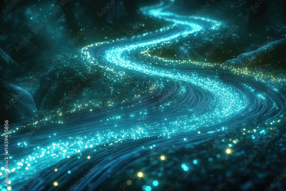 Poster glowing, ethereal river of light flows through a dark forest, creating a magical, surreal scene.