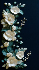 Delicate white flowers and teal leaves cascade against a textured deep blue background