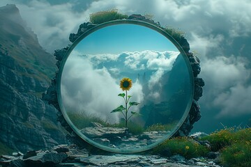 Surreal reflection of a hand holding sunflower stem in an oval mirror with sky background