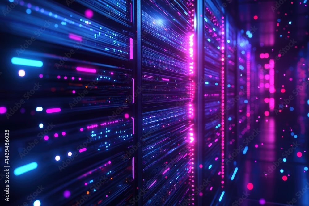 Poster A vibrant server room with neon lights depicting high-speed data transfer and processing.