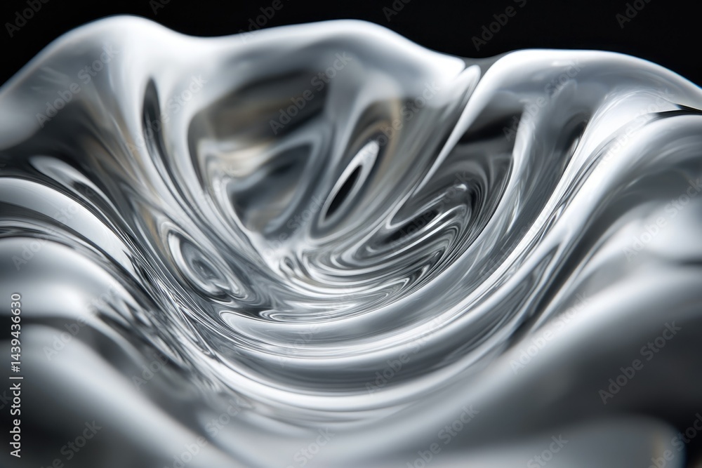 Poster abstract close-up of a sculpted glass object, showcasing its fluid, swirling form and reflective sur