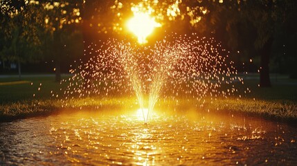 Golden fountain in a park pond at sunset
