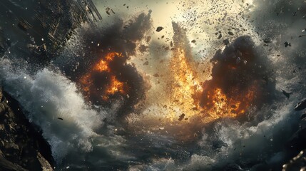 Fiery cataclysm engulfs the turbulent ocean