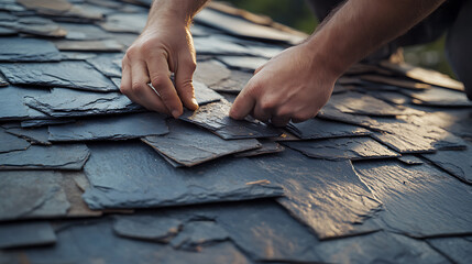 Obraz premium Hands Installing Slate Roof Tiles