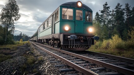 Obraz premium Vintage train moving through scenic forest at twilight