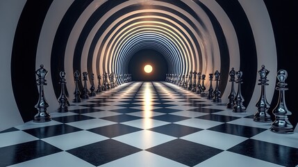 Abstract black and white checkered floor leading to a striped tunnel with a glowing orb and chess pieces. 