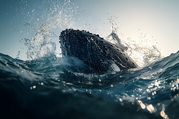 Humpback whale breaching the ocean surface with water splashing around its head in a sunny day view