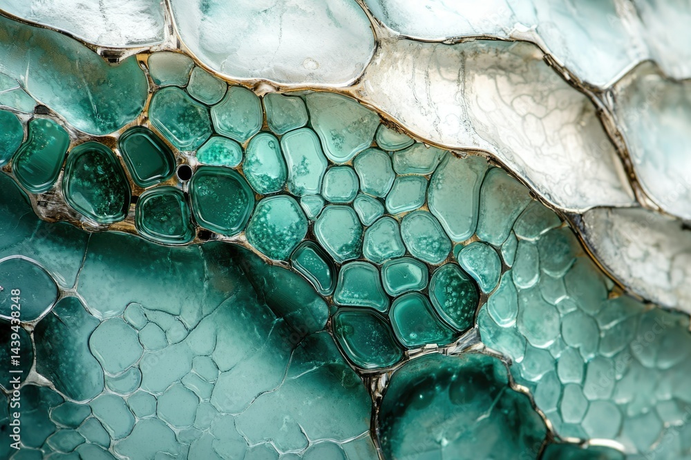 Poster abstract close-up of teal and white textured surface resembling cells or stones.