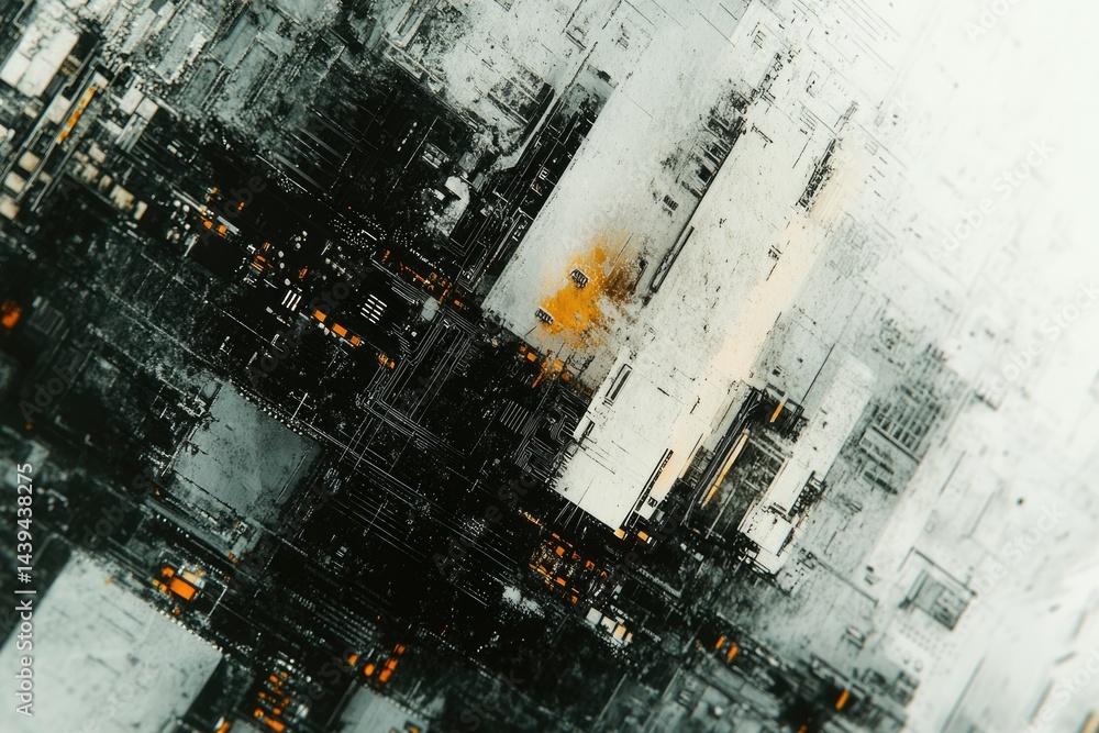 Poster abstract digital art depicting a complex, futuristic cityscape with a blend of dark and light tones.