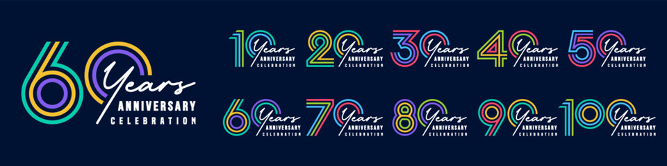 collection anniversary 10 to 100 year logo designs. abstract number for celebration event, wedding, greeting card, and invitation, vector illustration