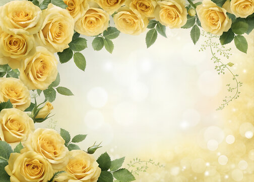 elegant yellow rose flower frame background for Valentine&rsquo;s Day and wedding cards with soft romantic vibes and copy space