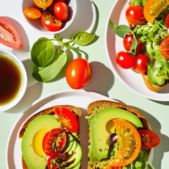 Naklejka premium Nutrition -related image Fruits and vegetables, vibrant and fresh, on a rustic wooden table/ Healthy smoothie in a bright kitchen/ Macro shot of fresh berries sprinkled with water droplets/ meal plan