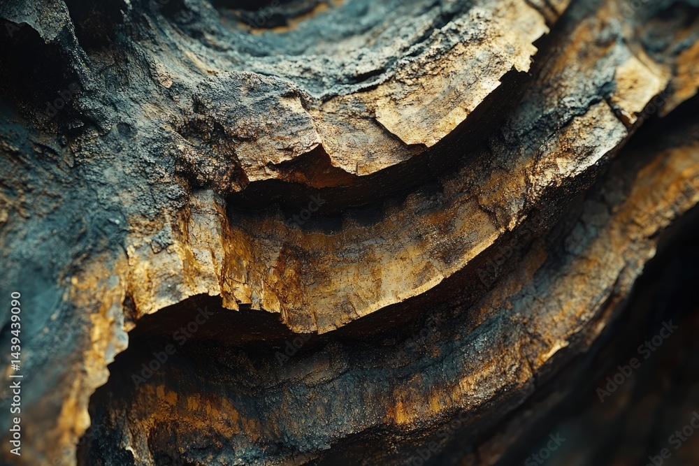 Poster close-up view of layered rock formations, showcasing textures and colors of dark teal and gold.