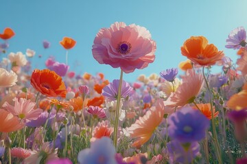 Obraz premium Vibrant field of colorful wildflowers basking in sunlight, a picturesque scene of nature's beauty.