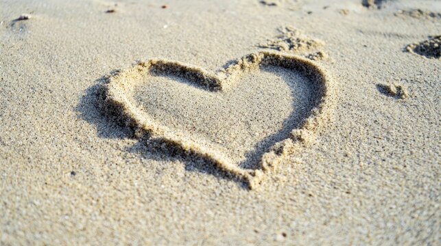 Hand-drawn heart shape in beach sand on white background.