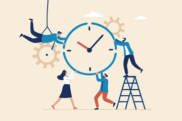 Time management or project management to control team to complete tasks or strategic planner to manage resources to complete work in deadline, businessman and woman help combine clock timer pieces.