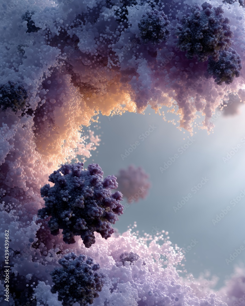 Poster microscopic view of colorful cellular virus structures and viral elements. virus dynamic shapes
