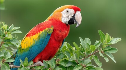 Obraz premium Colorful Macaw Perched on Branch Against Green Background