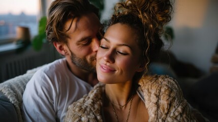 Fototapeta premium Intimate moment between a smiling woman and a man whispering close to her ear in a cozy indoor setting