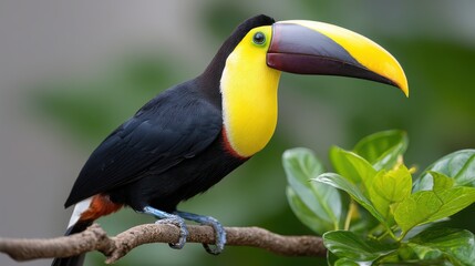 Fototapeta premium Colorful Toucan Perched on Branch Among Vibrant Green Leaves