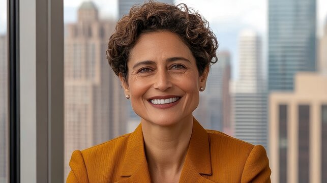 Confident Biracial Businesswoman with Curly Hair in Urban Office Setting