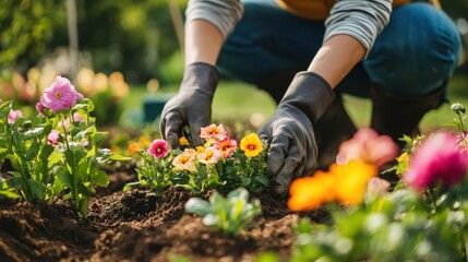 Gardening: A Person Plants Colorful Flowers in a Lush Garden