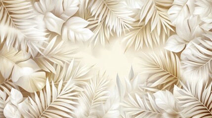 Beige and White Tropical Leaves Background