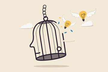 Free your mind and let creativity idea and imagination fly, mindfulness thinking, break free to get solution for business problem concept, flying light bulb idea break free from human head bird cage.