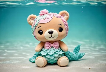 Printed kitchen splashbacks Picture Presenting Adorable chibi mermaid bear in minimalist style, underwater world background.