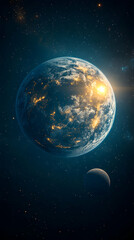 Obraz premium Earth and its moon in space gleaming with city lights clouds and the sun in a starry sky