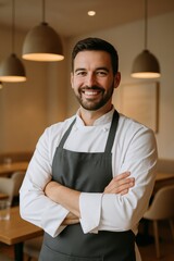 A confident and smiling chef wearing a modern apron stands with arms crossed in a chic, minimalist restaurant.
