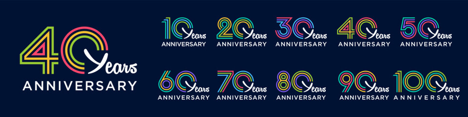 collection anniversary 10 to 100 year logo designs. abstract number for celebration event, wedding, greeting card, and invitation, vector illustration