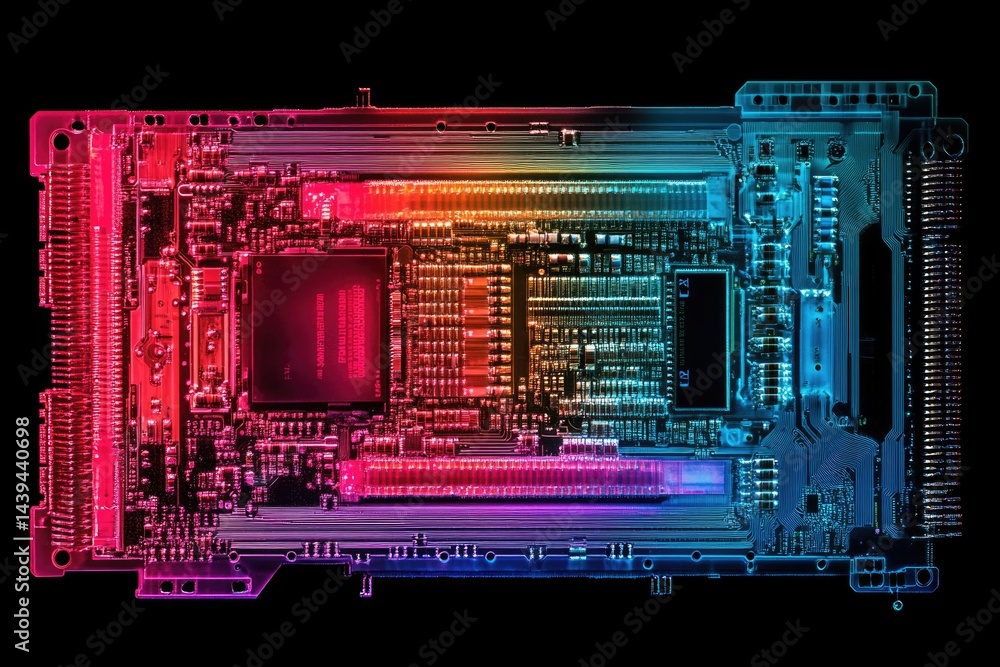 Poster Close-up of a vibrant, multicolored circuit board showcasing intricate electronic components and pathways.