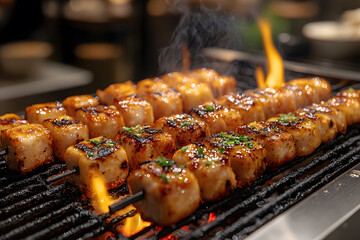 Grilled Scallop Skewers with Herbs on a Flaming Barbecue Grill for Culinary Projects